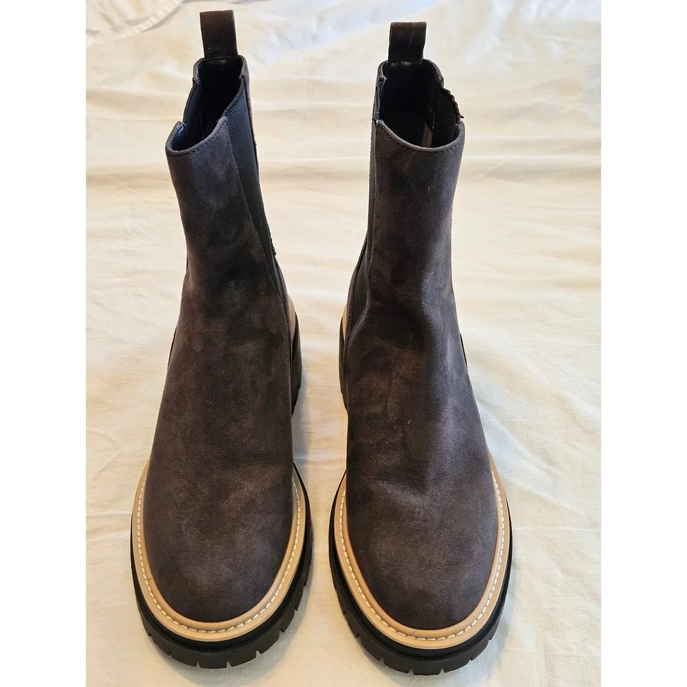 Open Edit Dark Brown‎ Suede Chelsea Boots Chunky Lug Sole Platform Block Heel